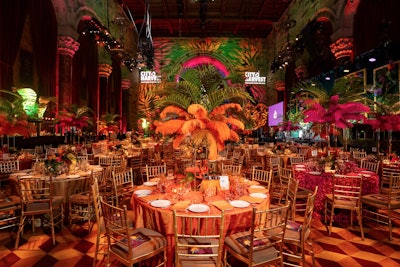 Three distinct table settings showcased either gold, bright orange, or pink.