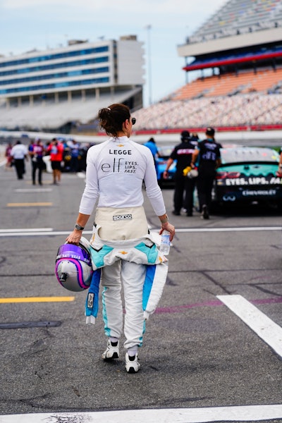 She sported an e.l.f.-branded fire suit.