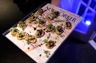 At The New Yorker's cocktail party during the 2016 White House Correspondents' Dinner weekend, passed hors d'oeuvres from W Washington D.C. included spicy ginger tuna with avocado—served on trays featuring former covers of the magazine. See more: 15 Creative Catering Ideas From White House Correspondents' Dinner Parties