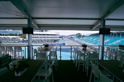 Inside, guests could enjoy climate-controlled lounges with tiered living room-style seating and direct views of the start-finish.