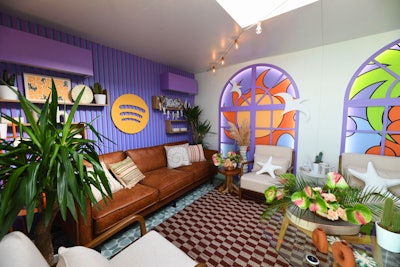 Various meeting rooms throughout Spotify Beach continued the colorful, eclectic design; each room's design was themed around various Spotify playlists or marketing campaigns. Other spaces throughout the activation included a podcast studio and multiple shaded seating areas.