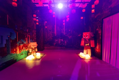 The video game's famous block-style graphics appear throughout the space.