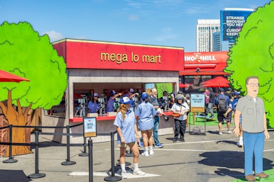 Guests lined up to play “Alamo Pong” for prizes, cool off with canned Alamo-branded water under the Arlen water tower, and customize trucker hats at the Mega Lo Mart station. Themed giveaways, food, and photo moments kept attendees immersed in the animated world of King of the Hill.