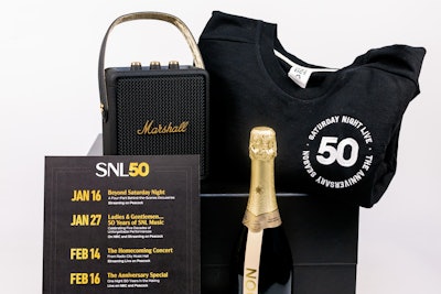 This SNL50 mailer included a Marshall speaker—an homage to the decades-spanning musical guests on the show—a bottle of Chandon to toast the milestone, and a limited-edition crewneck.